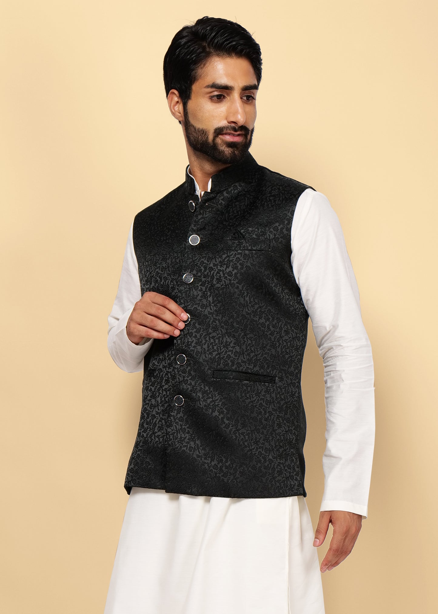 Dark Green Jacquard Nehru Jacket