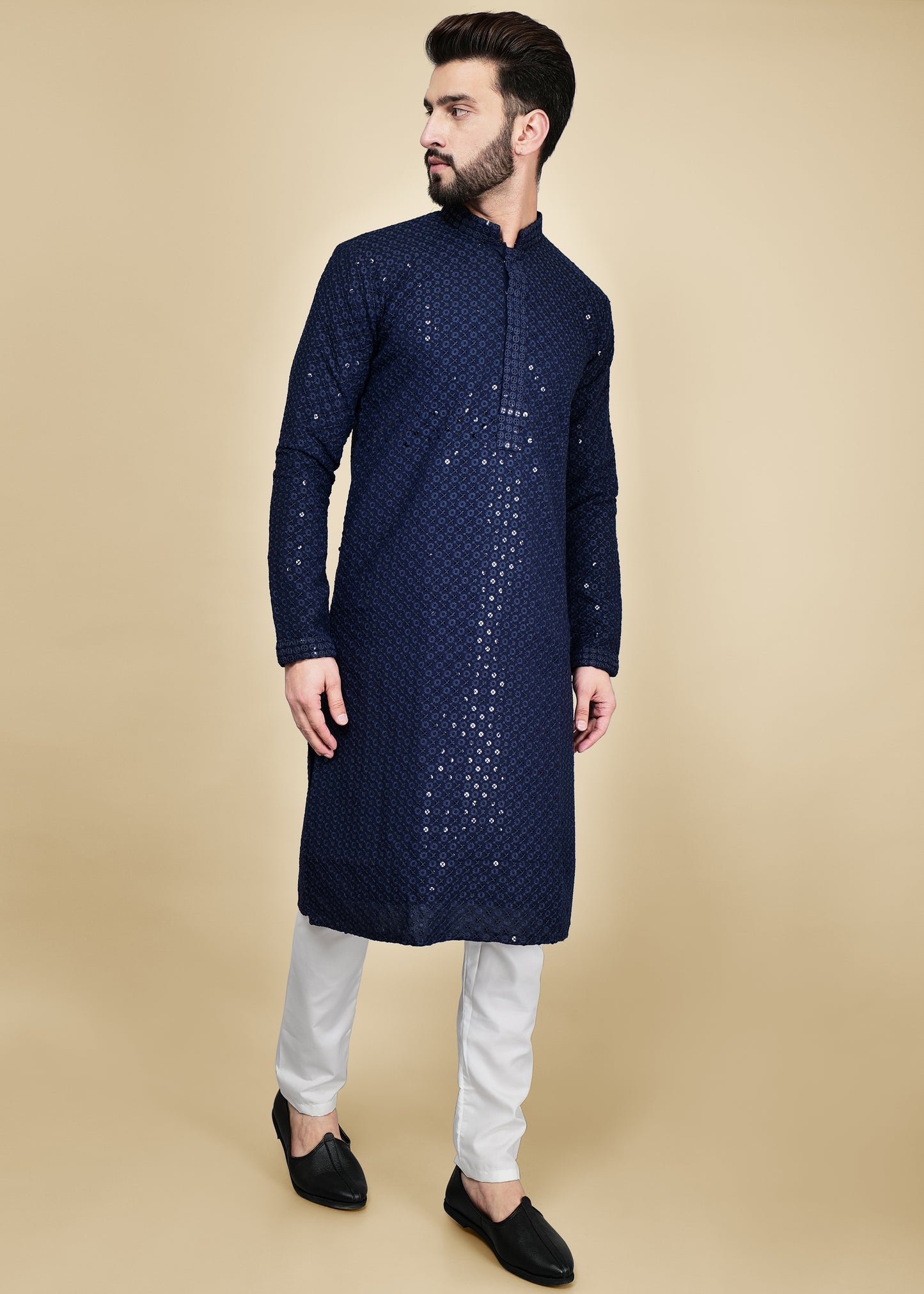 Navy Blue Sequence Chikankari Kurta Set