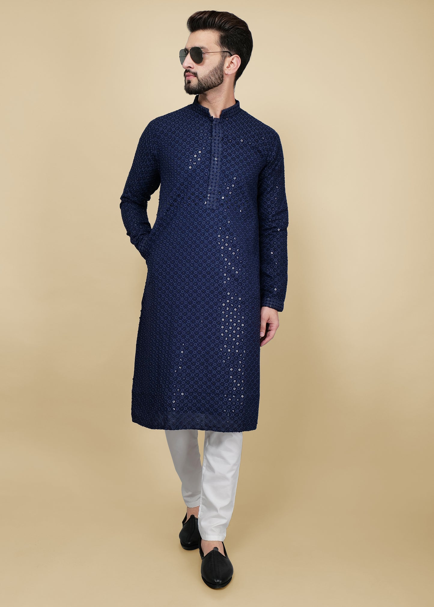 Navy Blue Sequence Chikankari Kurta Set