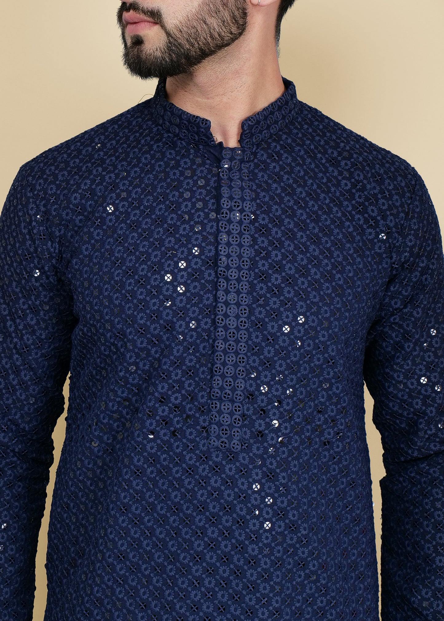 Navy Blue Sequence Chikankari Kurta Set