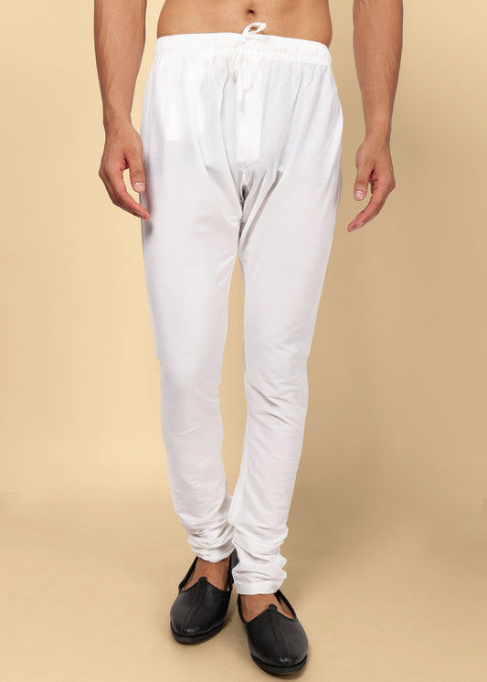 White Elastic Cotton Churidar with Drawstring Closure