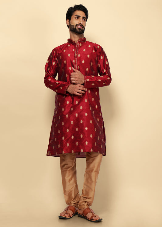 Maroon Motif Printed Silk Kurta Set