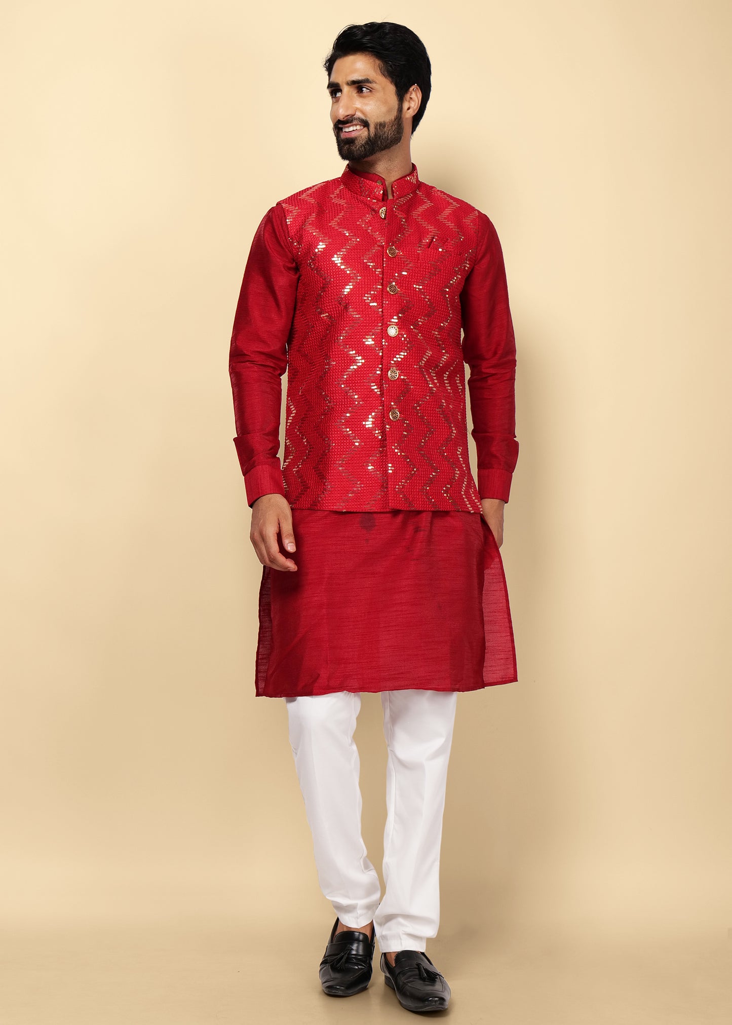 RED KURTA NEHRU JACKET SET