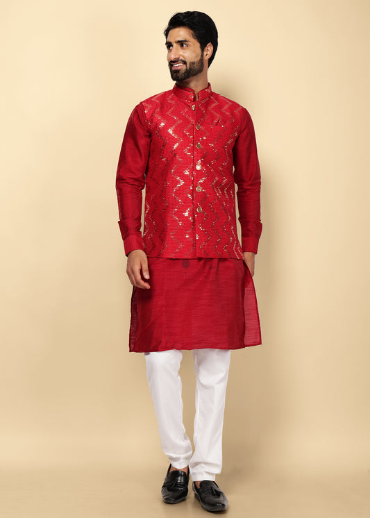 RED KURTA NEHRU JACKET SET