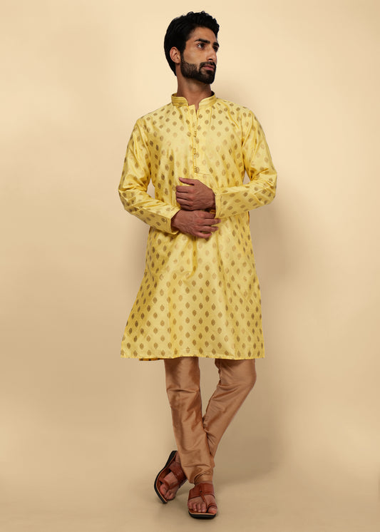Yellow Motif Printed Silk Kurta Set