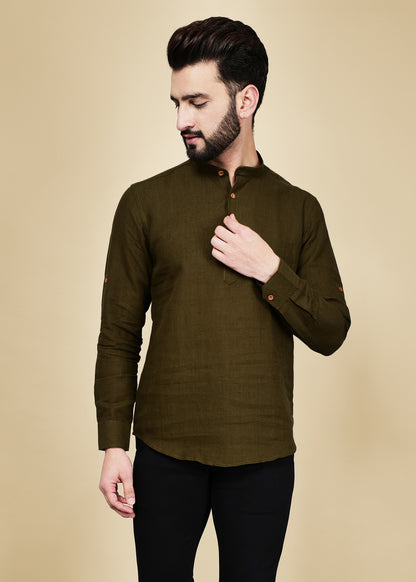 Olive Green Linen Short Kurta