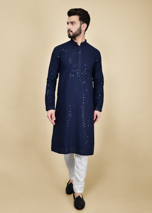Navy Blue Sequence Chikankari Kurta Set