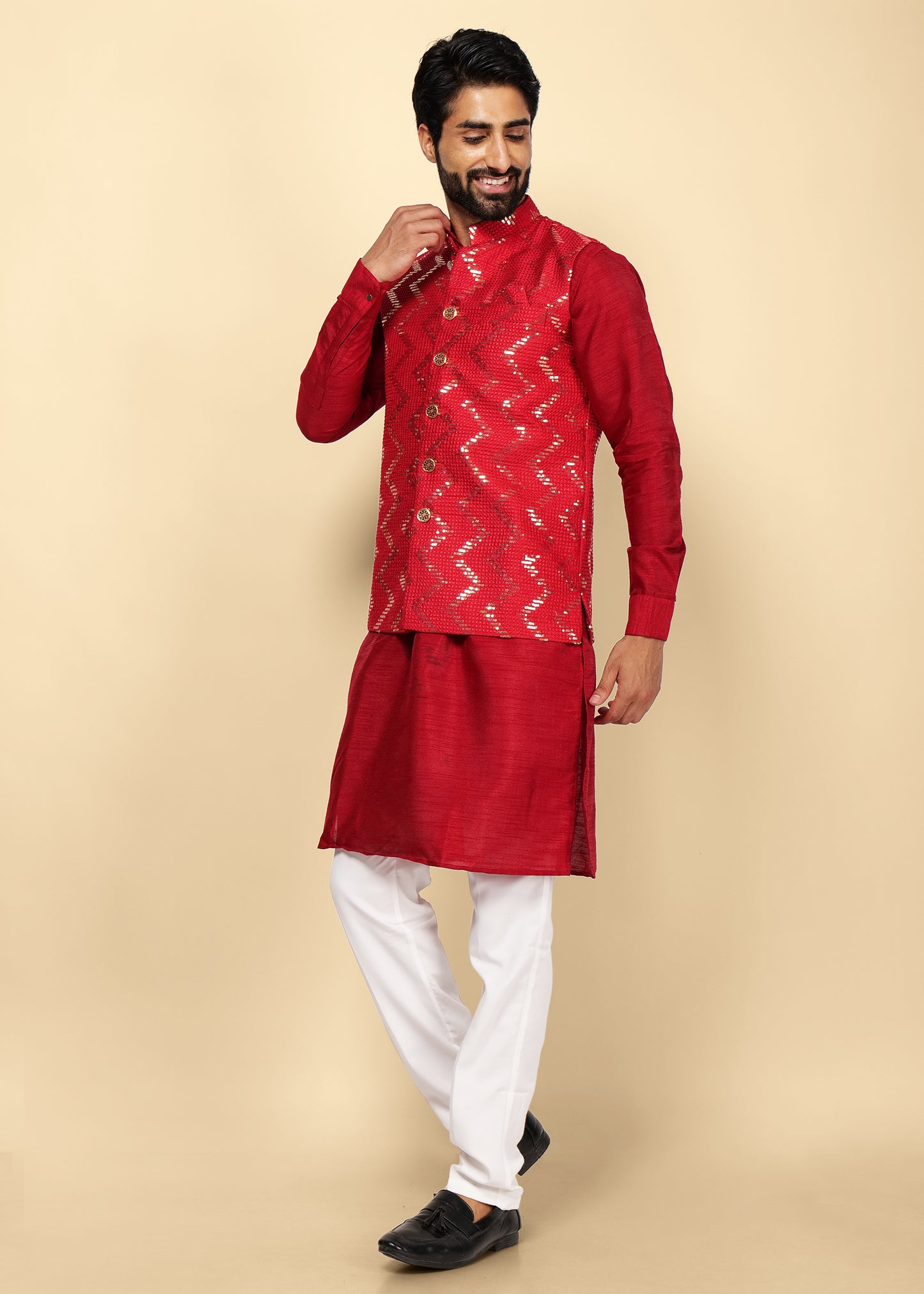 RED KURTA NEHRU JACKET SET