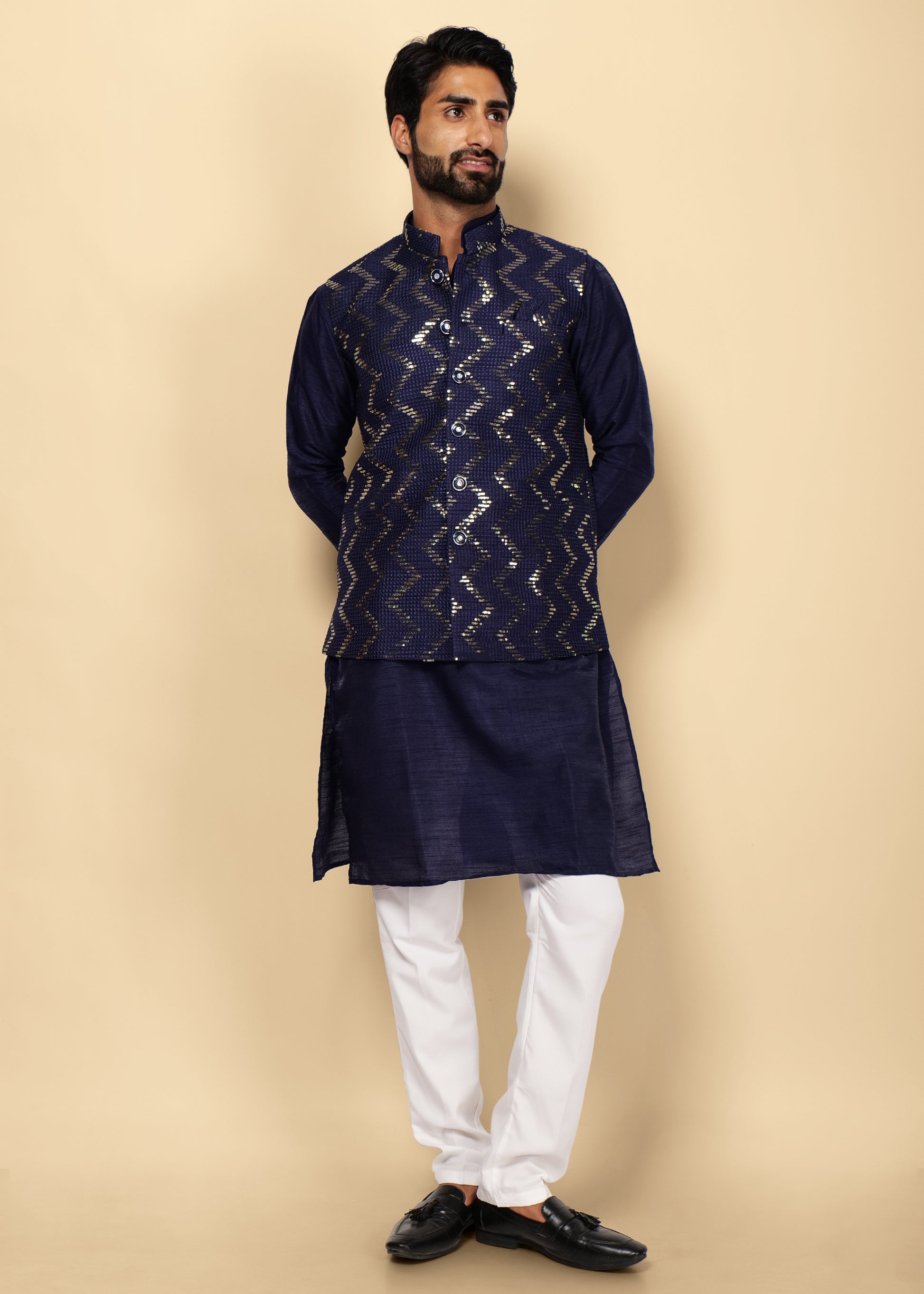 NAVY BLUE KURTA NEHRU JACKET SET – EDWAN by Rushab Khandelwal