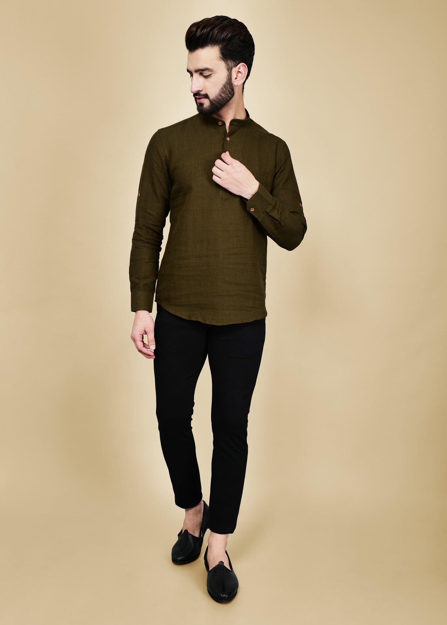 Olive Green Linen Short Kurta
