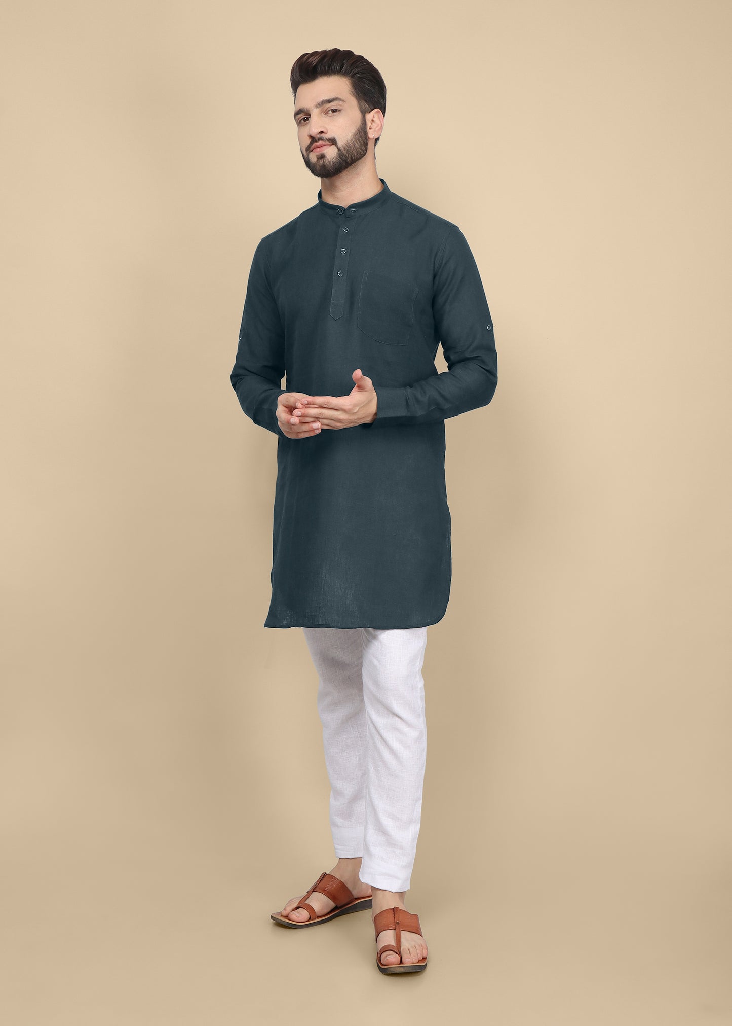 Bottle Green Linen Kurta