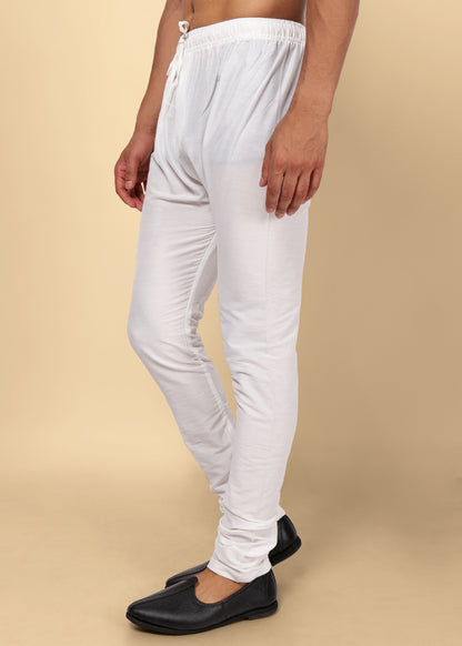 White Elastic Cotton Churidar with Drawstring Closure