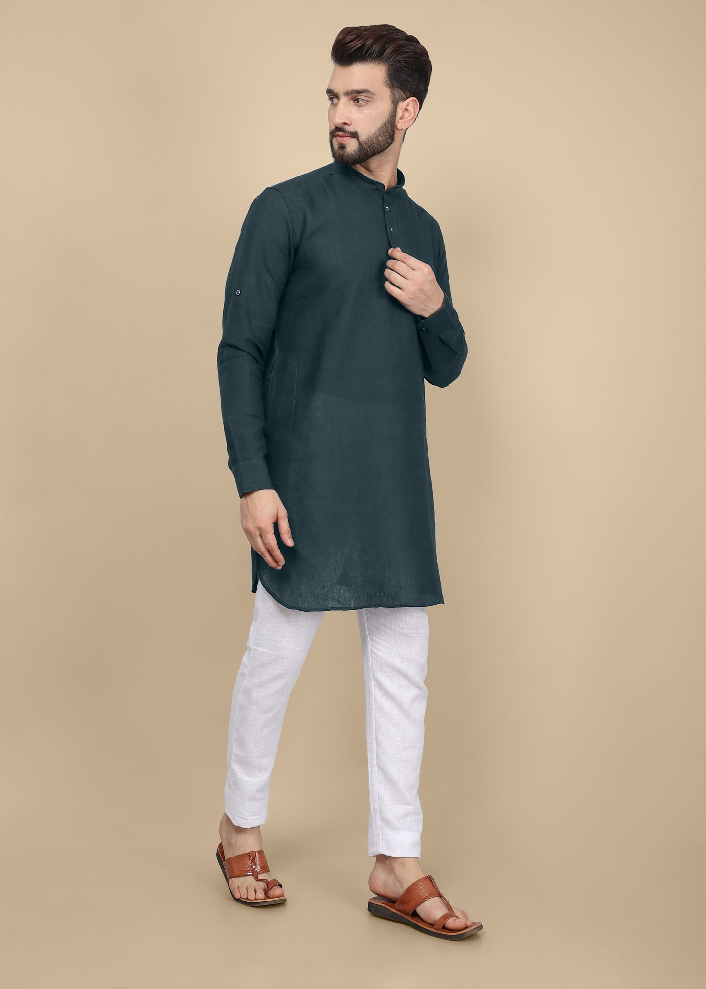Bottle Green Linen Kurta