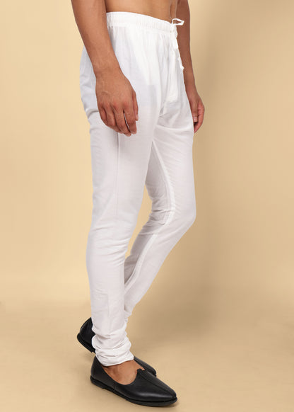 White Elastic Cotton Churidar with Drawstring Closure