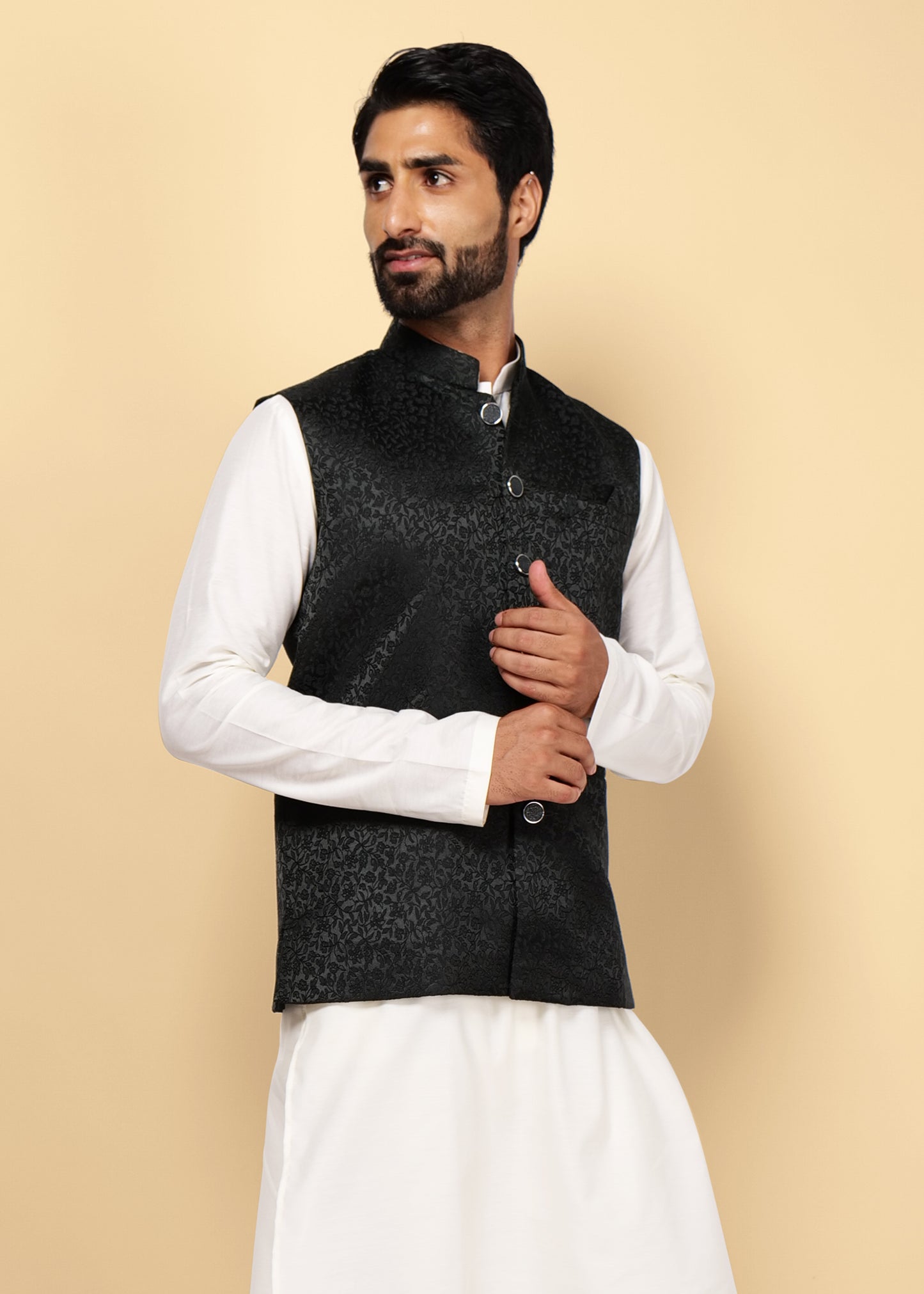 Dark Green Jacquard Nehru Jacket
