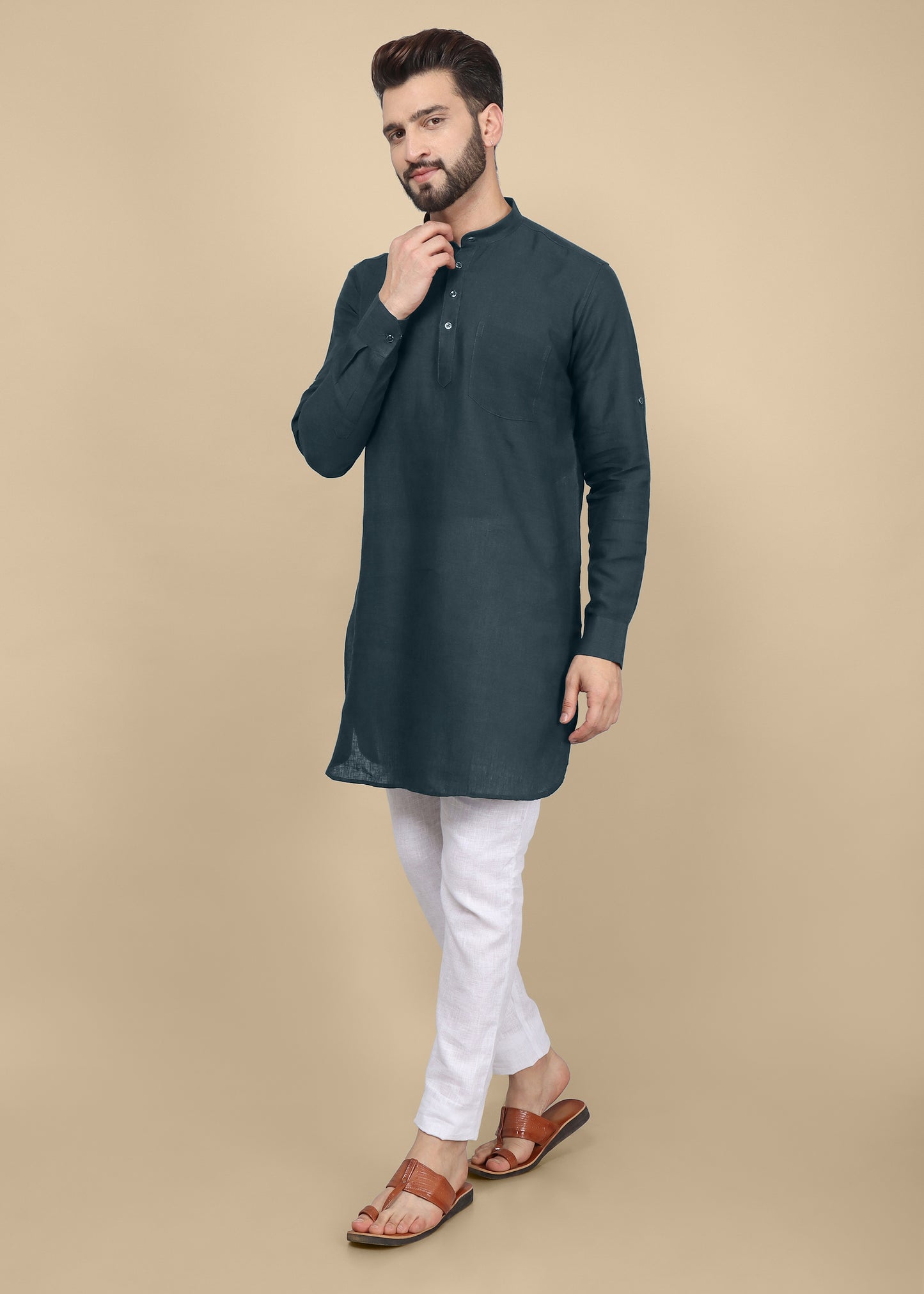 Bottle Green Linen Kurta