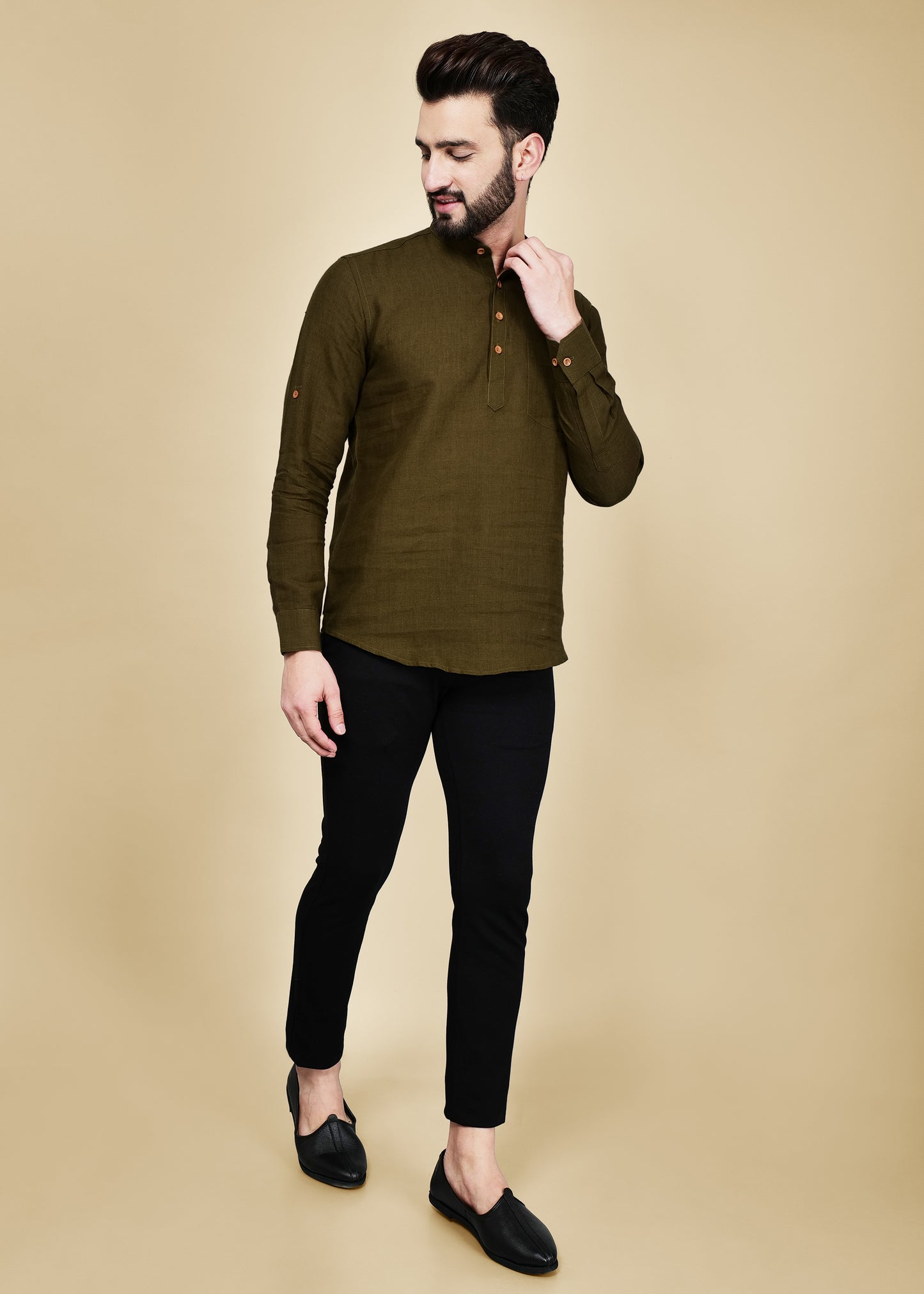 Olive Green Linen Short Kurta