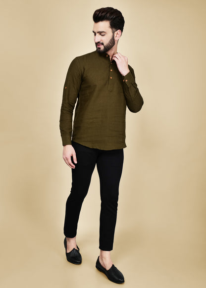 Olive Green Linen Short Kurta