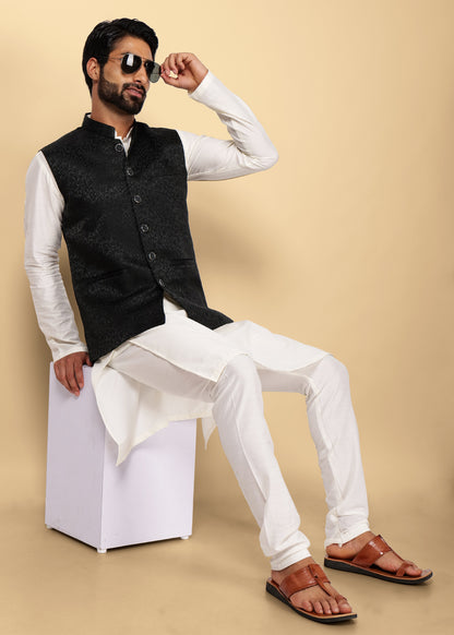 Dark Green Jacquard Nehru Jacket