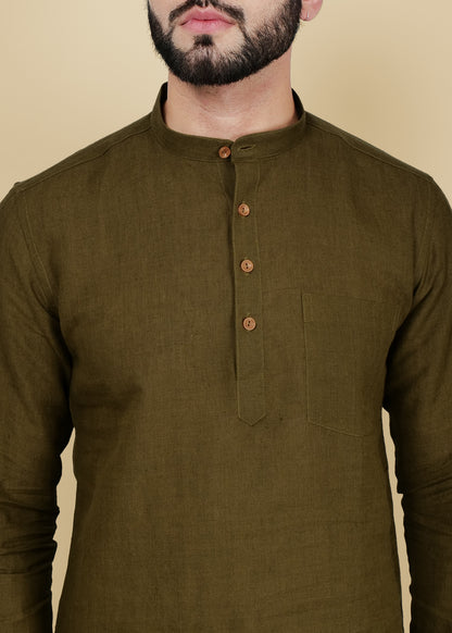 Olive Green Linen Short Kurta